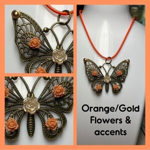 Vintage-Inspired Butterfly Necklace with Orange and Gold Details